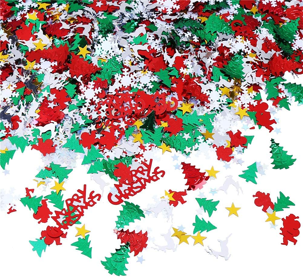 Vocoliday 100g/4800Pcs Christmas Confetti Mix Foil Snowflake,Pentagram,Santa Claus,Pine, Merry Christmas Alphabet,Elk,Christmas Tree Confetti Bright for Christmas Party Decoration Set (Style 1)