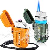 Electric Plasma Lighter, Torch Lighter, 2 Pack Outdoor Waterproof Matches | A Rechargeable Dual Arc lighter + A Refillable Butane Lighter, Camping Hiking Hunting Gadgets,Survival Gear Gifts for Men