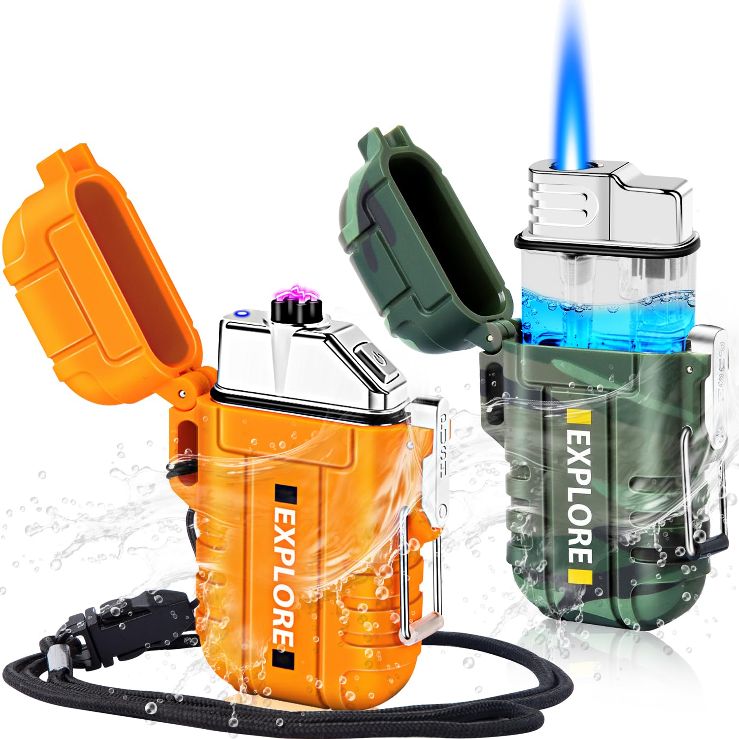 Photo 1 of LcFun 2 Pack Waterproof Outdoor Lighter, Windproof Torch Lighters Butane Refillable, Electric Dual Arc Plasma Lighter USB Rechargeable, Tactical Survival Gear Gadgets for Men for Camping, Hiking