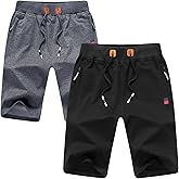 IRELIA 2 Pack Boys Shorts Cotton Drawstring Elastic Waist with Zipper Pockets