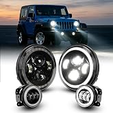 SUPAREE 7" Round LED Headlights 4" Fog Lights Combo for Jeep Wrangler JK | DOT Approved Z-shaped cutoff Line Hi/Lo Beam Halo Ring Direct Replacement for 1997-2018 Jeep Wrangler JK TJ CJ