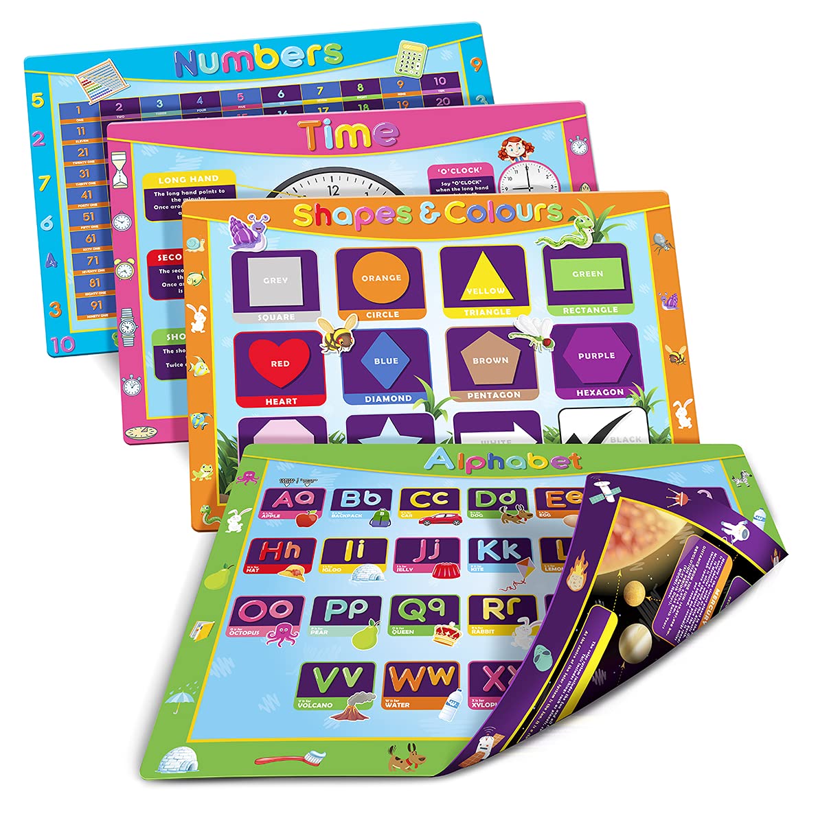 Children’s Placemats Educational Dinner Mats Set of 4 – Double Sided with 8 Fun Designs Learning Designs, Food Safe & Easy to Wipe Clean