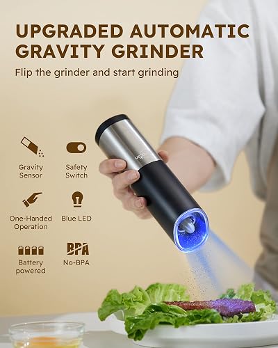 Gravity Electric Pepper & Salt Grinder Set - Automatic One-Hand Operated With LED Light & Adjustable Coarseness - View #3