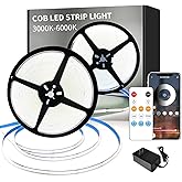 Yeewhale COB LED Strip Lights 6000K 65.6ft DC 24V Dimmable White Flexible LED Tape Light for Bedroom, with Remote and app Control LED Tape Lights CRI90+,forLiving Room, Shelf, Cabinet Home Decoration