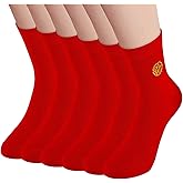 AMZZTCQ Women's Red Socks Crew Sports Casual Calf Socks, Chinese New Year Socks,Size 5-9, Embroidery 福(Fu)(6 prs)