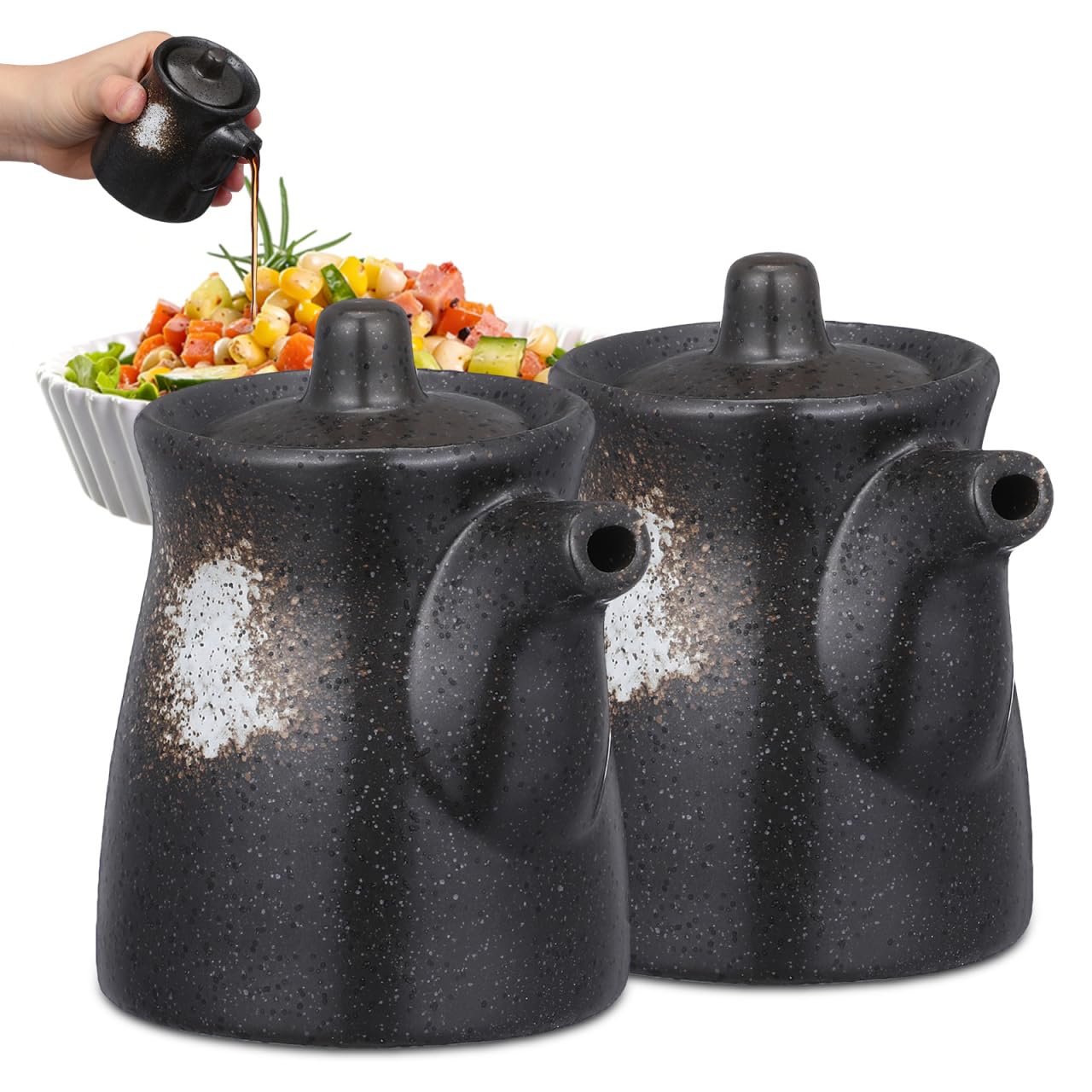 Yardwe 2Pcs Ceramic Oil Dispenser, Mini Ceramic Creamer Japanese Style Shoyu Soy Sauce Dispenser Container Vinegar Dispenser with Lid (Black) Soy Sauce Container