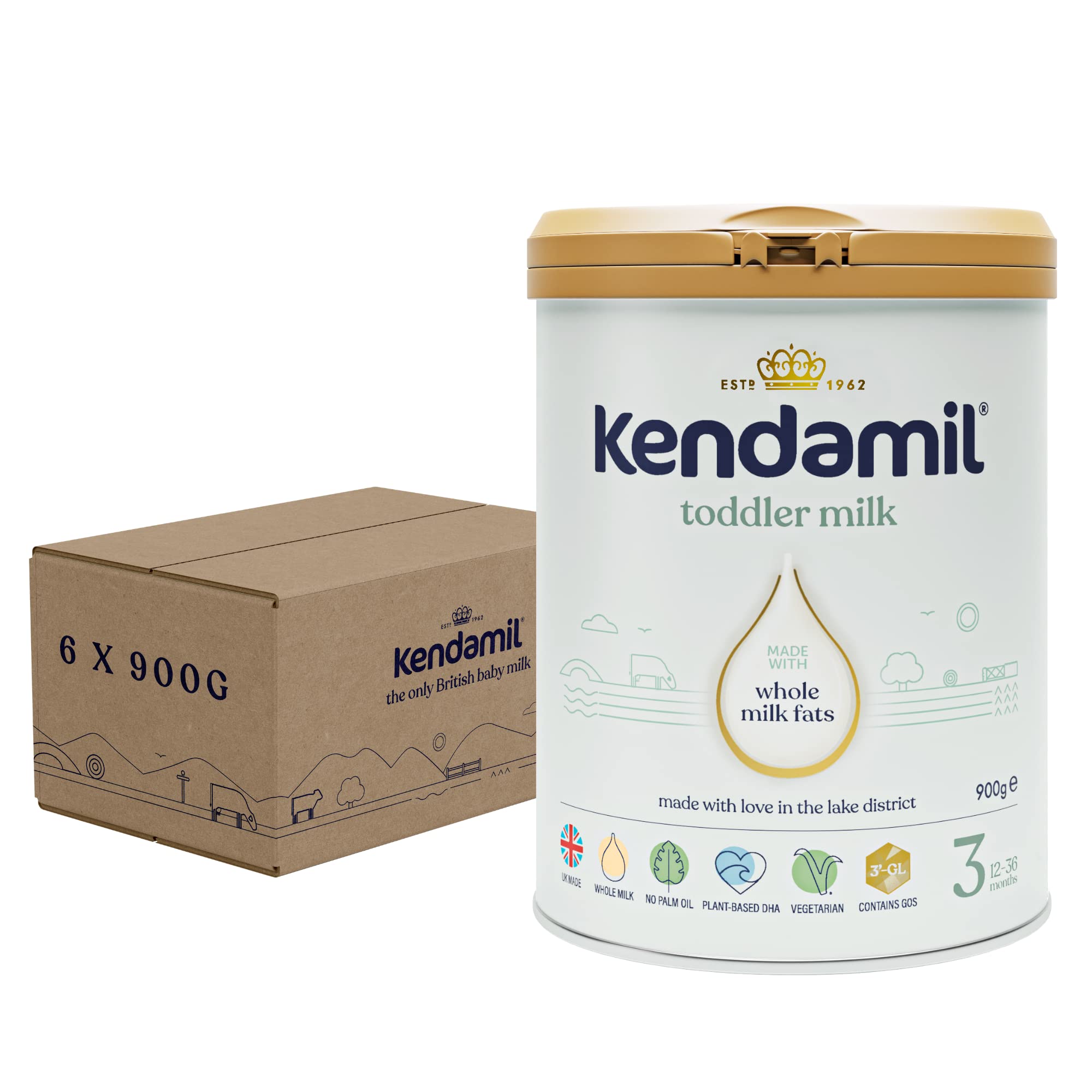 (6x900g) Kendamil Toddler Milk, Stage 3, 6-Pack – British Made, Whole Milk Formula, 12-36 Months – Vegetarian, No Palm Oil, No GMOs –with Omega 3 DHA, Omega 6 ARA and Prebiotics