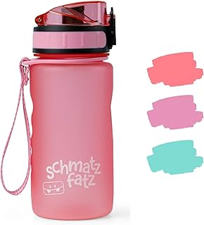 schmatzfatz auslaufsichere Sport Trinkflasche Kinder, BPA frei, 350ml, Fruchteinsatz, 1-klick Verschluss, Kinder Trinkflasche für Schule Kindergarten (Rosa)