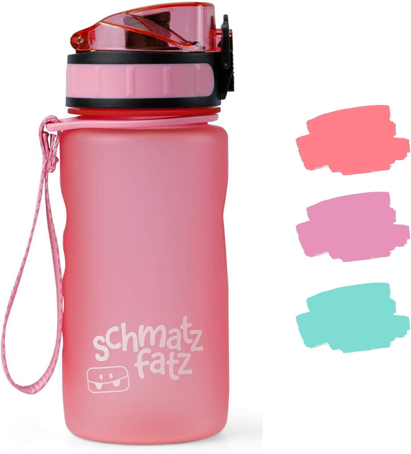 schmatzfatz auslaufsichere Sport Trinkflasche Kinder, BPA frei, 350ml, Fruchteinsatz, 1-klick Verschluss, Kinder Trinkflasche für Schule Kindergarten (Rosa)