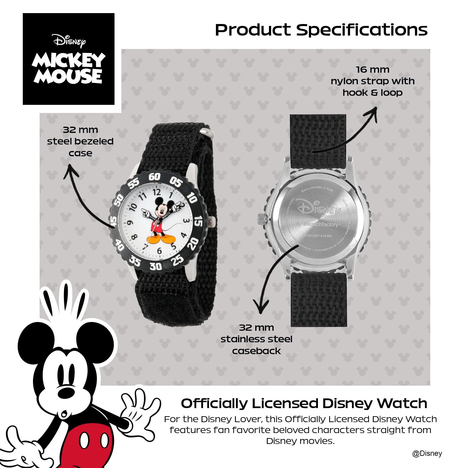 Disney Disney Mickey Mouse Kids' Bezel Stainless Steel Time Teacher Analog Nylon Strap Watch
