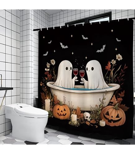 JIRGIXA Spooky Halloween Shower Curtain - Skull Skeleton Mushroom Gothic Bathroom Decor - View #4