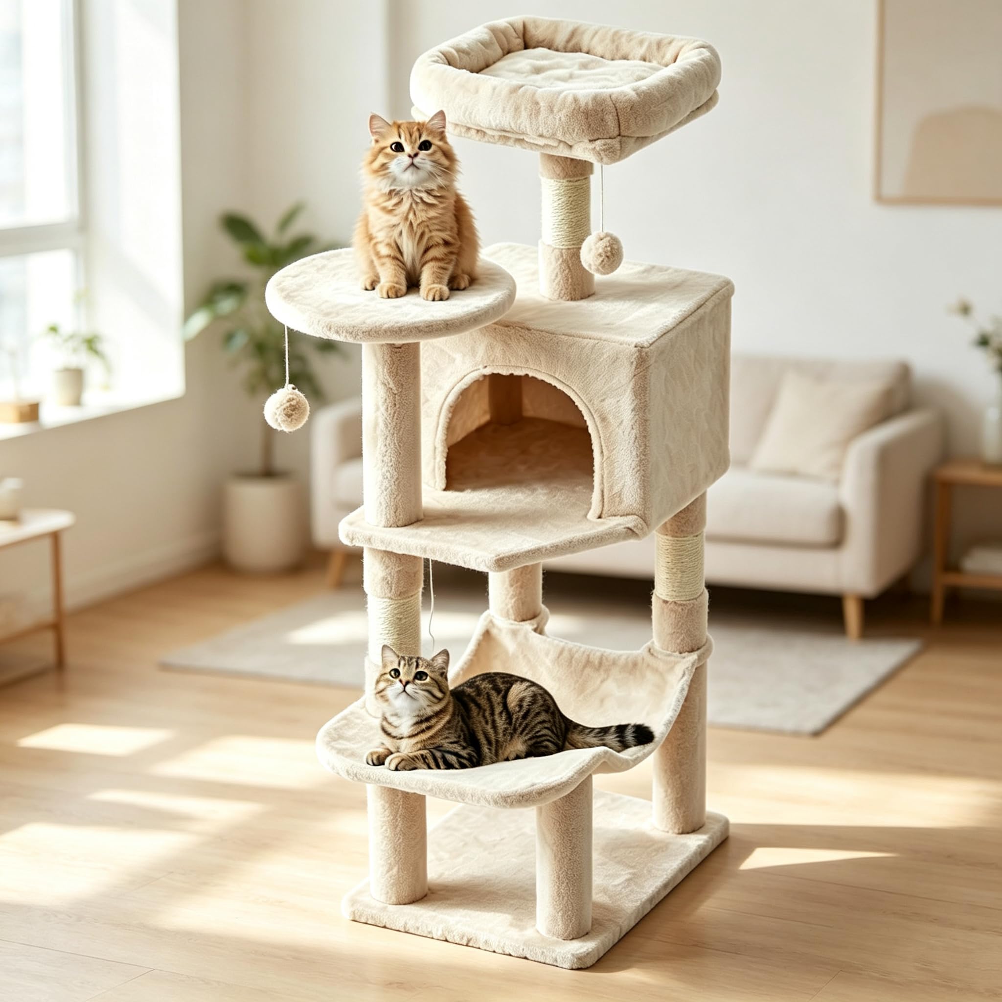 DUMOS Small 44 in Cat Tree Tower with Natural Sisal Scratching Posts | Cat Tree with Hammock, Pet Condo for Indoor All Ages C