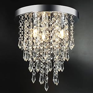 3 Lights Mini Crystal Flushmount Chandelier Fixture,Hong-in Crystal Ceiling Lamp, H10.4" X W9.84", Elegant Modern Flush Mount Ceiling Light for Bedroom, Hallway, Bar, Living Room, Dining Room, Chrome