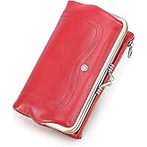 CONTACTS Full Grain Goat Leather Kiss Lock Wallet for Women Vintage Clutch Wallet with Rfid Blocking Zipper Coin Purse (Red)