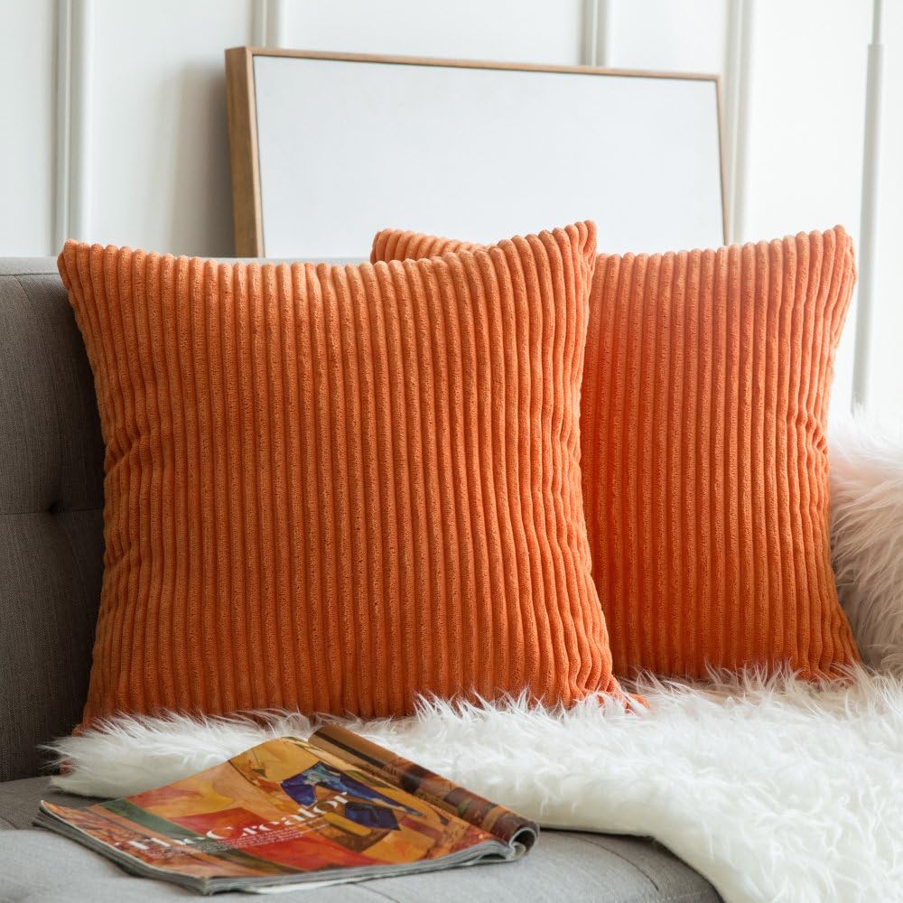 Photo 1 of MIULEE Winter Fall Pack of 2 Orange Pillow Covers 18x18 Inch Soft Boho Striped Corduroy Throw Pillow Covers Decorative Square Cushion Cases Pillowcases for Sofa Bedroom Couch Home Decor.