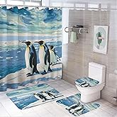 TOWINSFB 4Pcs Cute Penguin Shower Curtain Sets Bathroom Decor, Iceberg Ocean Animal Ice Sea Shower Curtain with Non Slip Rug, Toilet Lid Cover, Bath Mat and 12 Hooks 72W x 72L