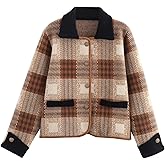 HOULENGS Women's Vintage Long Sleeve Plaid Print Cardigan Sweater Button Down Lapel Knit Sweater Coat with Pockets