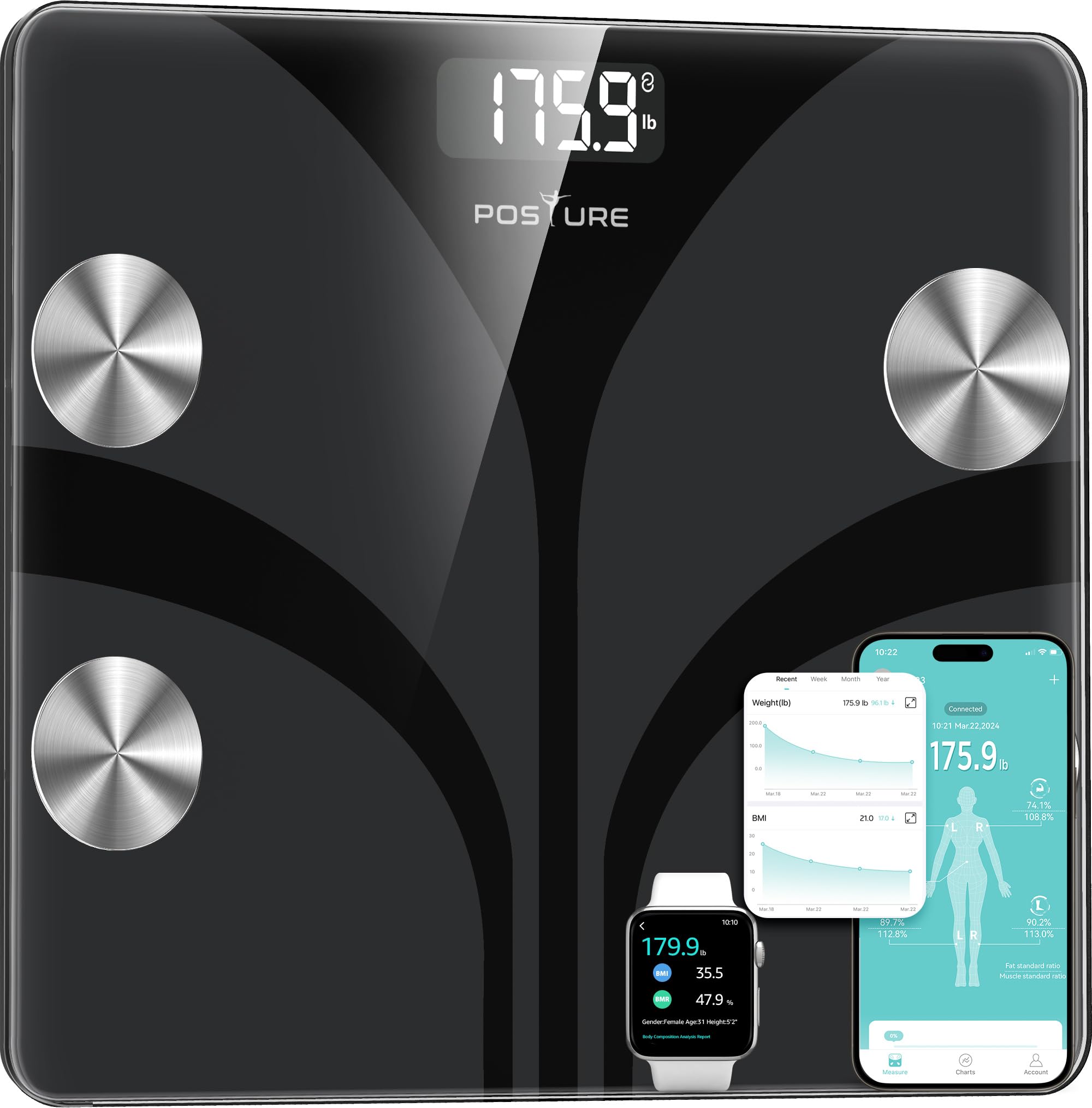 Photo 1 of Posture Scale for Body Weight, Digital Bathroom Smart Scale, 13 Body Composition Analyzer Sync Weight Scale BMI Health Monitor Sync Apps 400lbs - Black