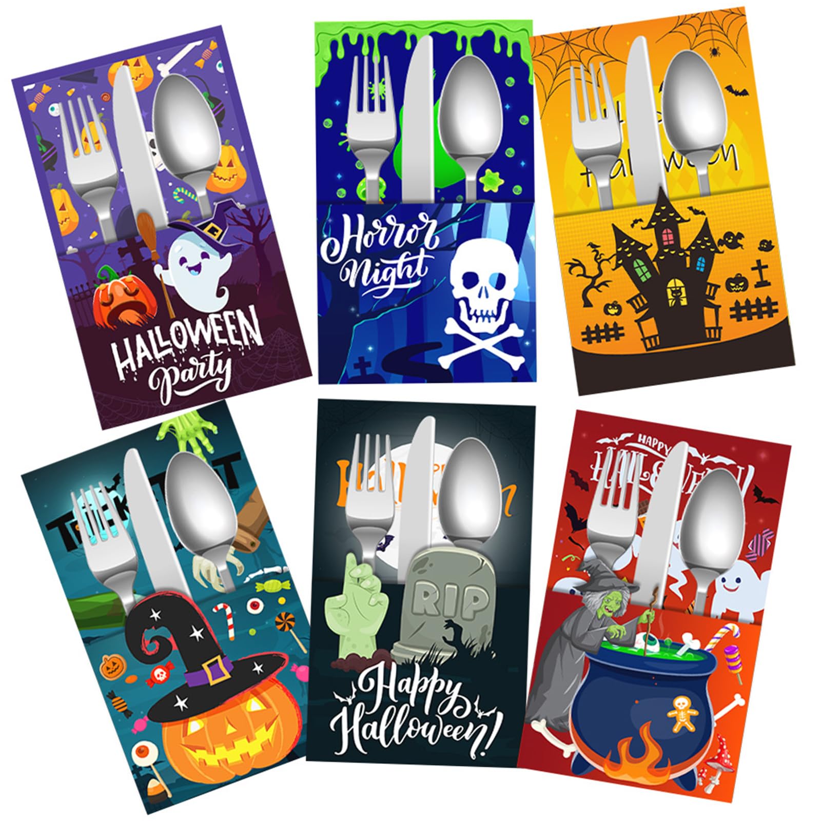 Photo 1 of 6 Pcs Halloween Paper Cutlery Holder Pockets Disposable Utensil Wraps Bag Ghost Pumpkin Witch Paper Silverware Bags Party Favor Supplies for Trick-Or-Treat Parties Table Centerpiece Tableware Décor