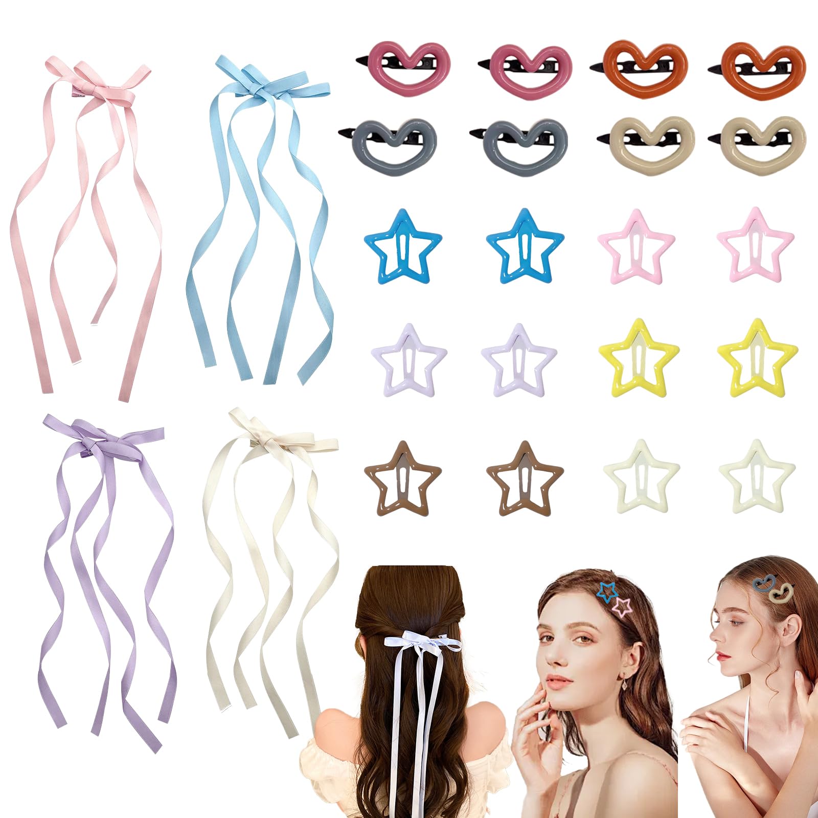 KASESSS 24 Pcs Hair Clips Women and Girls, Heart and Star Hair Clips Set, Long Ribbon Bow Hair Clip Colorful Snap Hair Clips Plastic and Metal Hair Clips Cute Hair Accessories for Daily Party Wedding
