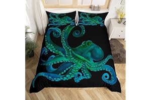 Erosebridal Octopus Bedding Set Sealife Duvet Cover Ocean Animal Comforter Cover for Kids Teens Adult,Decoration 2 Pcs Bedding Set (1 Duvet Cover 1 Pillowcase) Twin Size,Black Green
