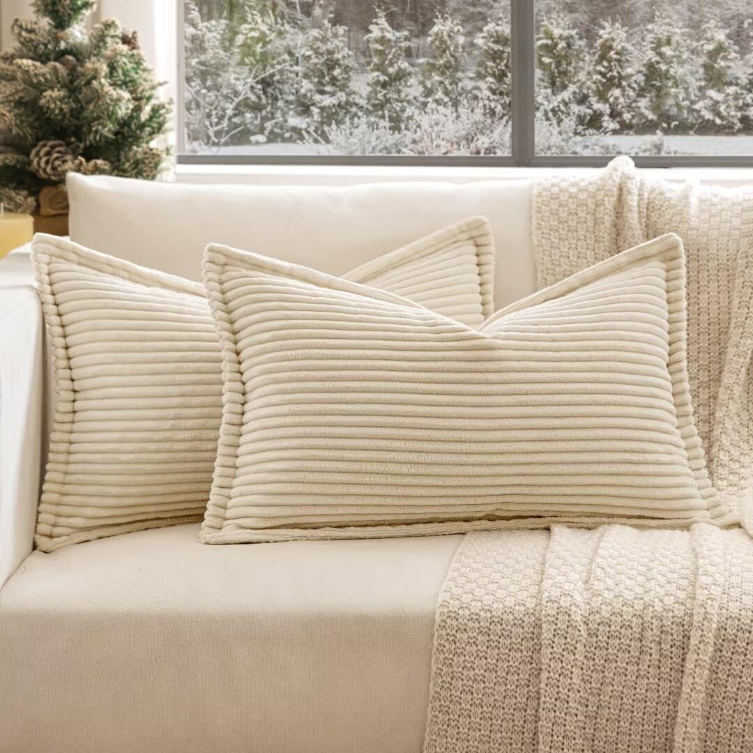 EMEMA Corduroy Cover, Soft Decorative Sofa Cushion, 30 x 50 cm, Set of 2, Modern Striped Covers for Living Room, Bedroom, Cream — image 1