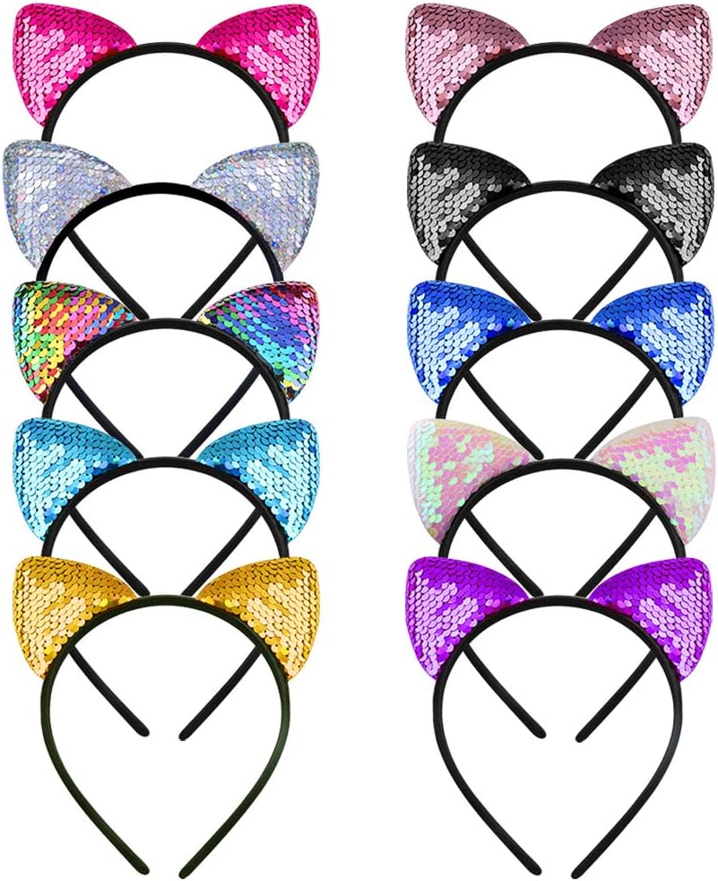 WXJ13 10 Pieces Cat Ears Headbands Reversible Sequins Headbands Have 2 Different Colors Hair Accessories for Girls and Women