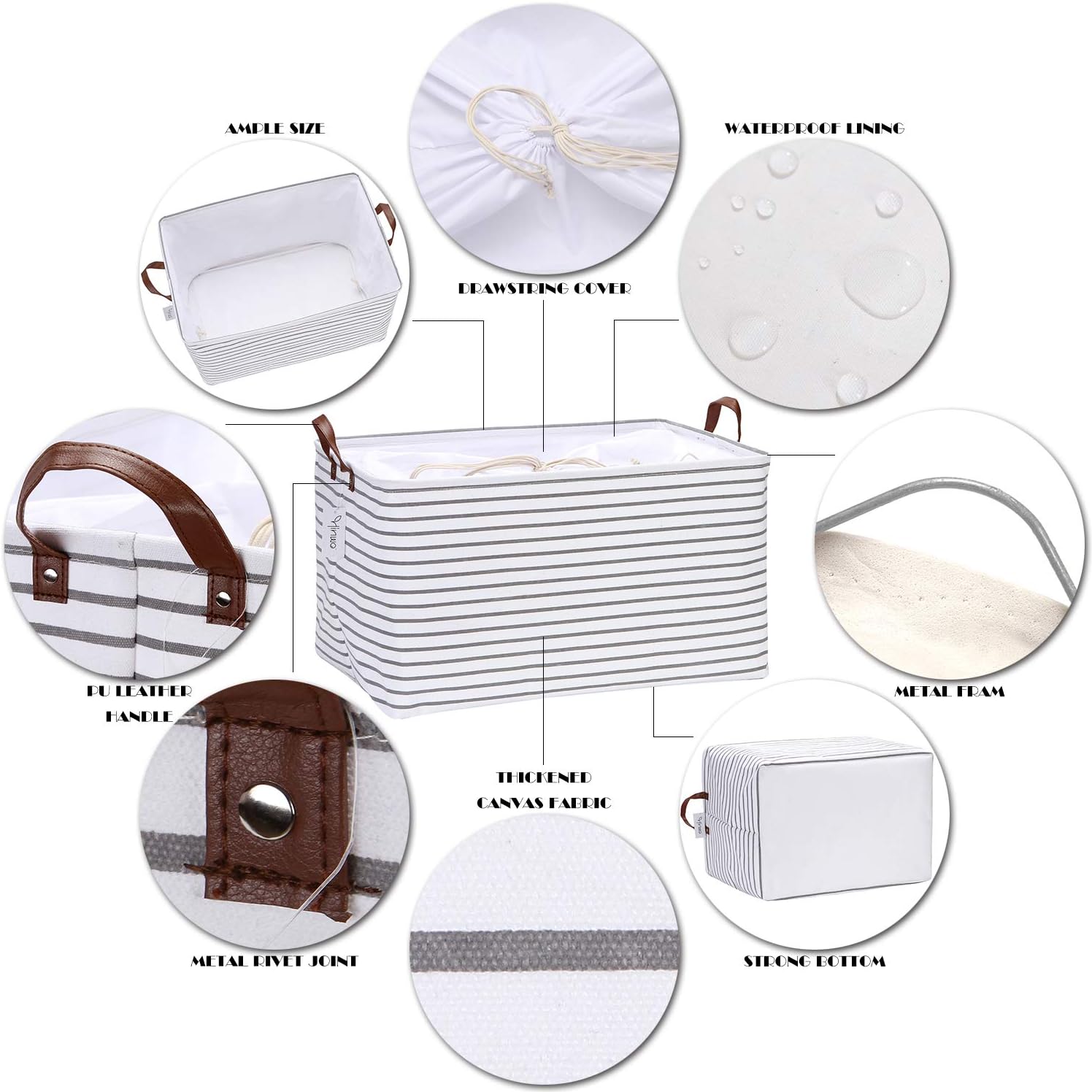 Hinwo 70L Extra Large Capacity Storage Basket Canvas Fabric Storage Bin Collapsible Storage Box with PU Leather Handles and Drawstring Closure, 22 by 15 inches, Waterproof Inner Layer, Grey Stripe - Image 5