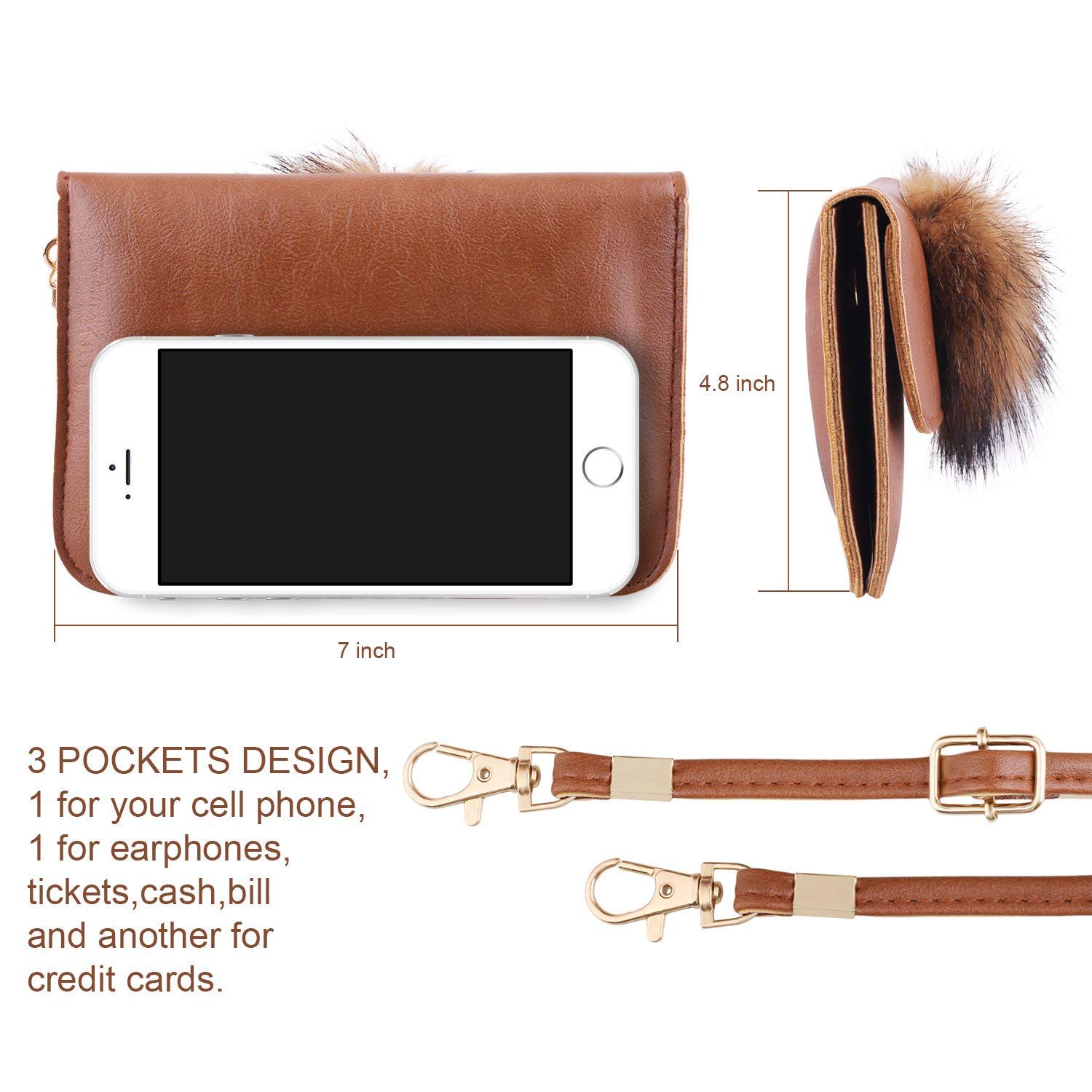 Cross Bag for Women, PU Leather Cell Phone Bag with Plush Ball Accessories Shoulder Bag Wallet for Girls