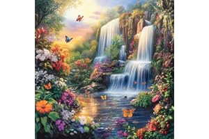 MOOHUE 14ct Counted Stamped Cross Stitch Kits for Adults Mountain Waterfall Flowers Printed Cross Stitch Patterns Art Crafts Cross Stitch Supplies (Waterfall Mountain)