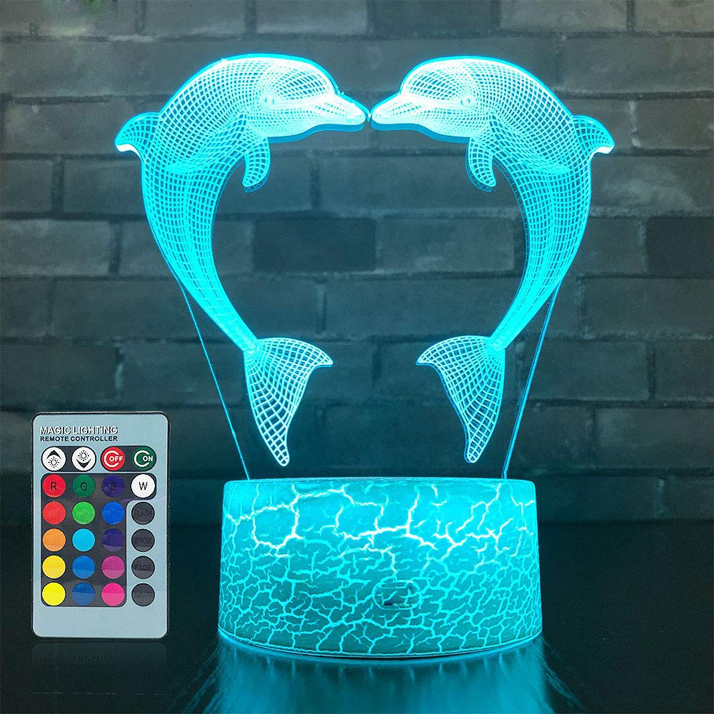 HPBN8 Ltd 3D Dolphin Night Light Lamp Remote Control Touch Switch 7/16 Colors Changing USB Powered LED Decor Optical Illusion 3D Lamp Xmas Brithday Room Decoration