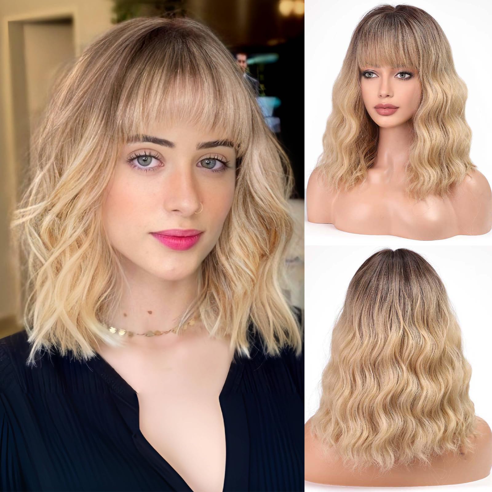 EMMOR Short Curly Wigs with Fringe, Wavy Bob Synthetic Wigs Shoulder Length Natural Looking Ombre Blonde