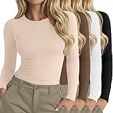 Neer 4 Pack Women's Long Sleeve Shirts Underscrub Crew Neck Slim Fit Undershirts Stretchy Casual Tight Tops(Dark Khaki, Apricot, White, Black,Large)
