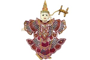 UNCLEJUM Vintage Thai Marionette Puppet, Handcrafted Wooden Head, Sequin and Bead Dress, Unique Asian Decor