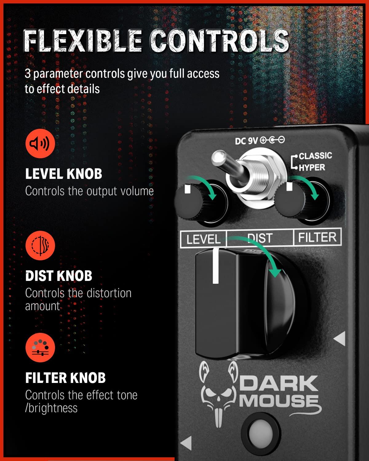 Donner Dark Mouse Distortion Pedal for Electric Guitar, 2 Modes Classic Hyper Crunch to Fuzzy Guitar Pedal True Bypass