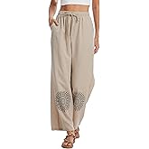 Demoking Cotton Linen Pants Women Straight Leg Casual Loose Drawstring Hippie Beach Vacation Clothes