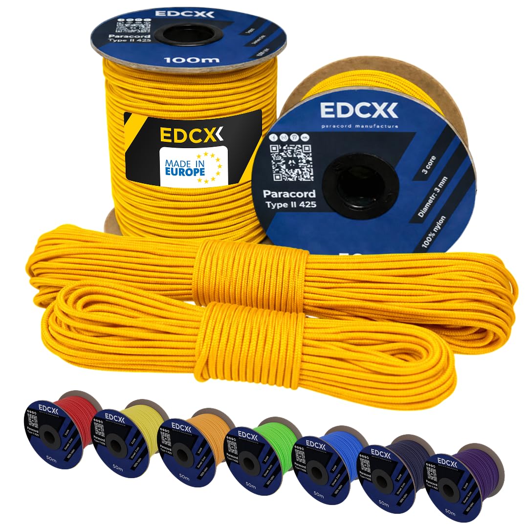 EdcX 3 mm Nylon Paracord 425 (15, 30, 50 and 100m) – 3 mm Type II, 100% Nylon Rope, 3 Strand Rope, 3 mm Nylon Rope in Many Colors (Orange Yellow, 30 m)