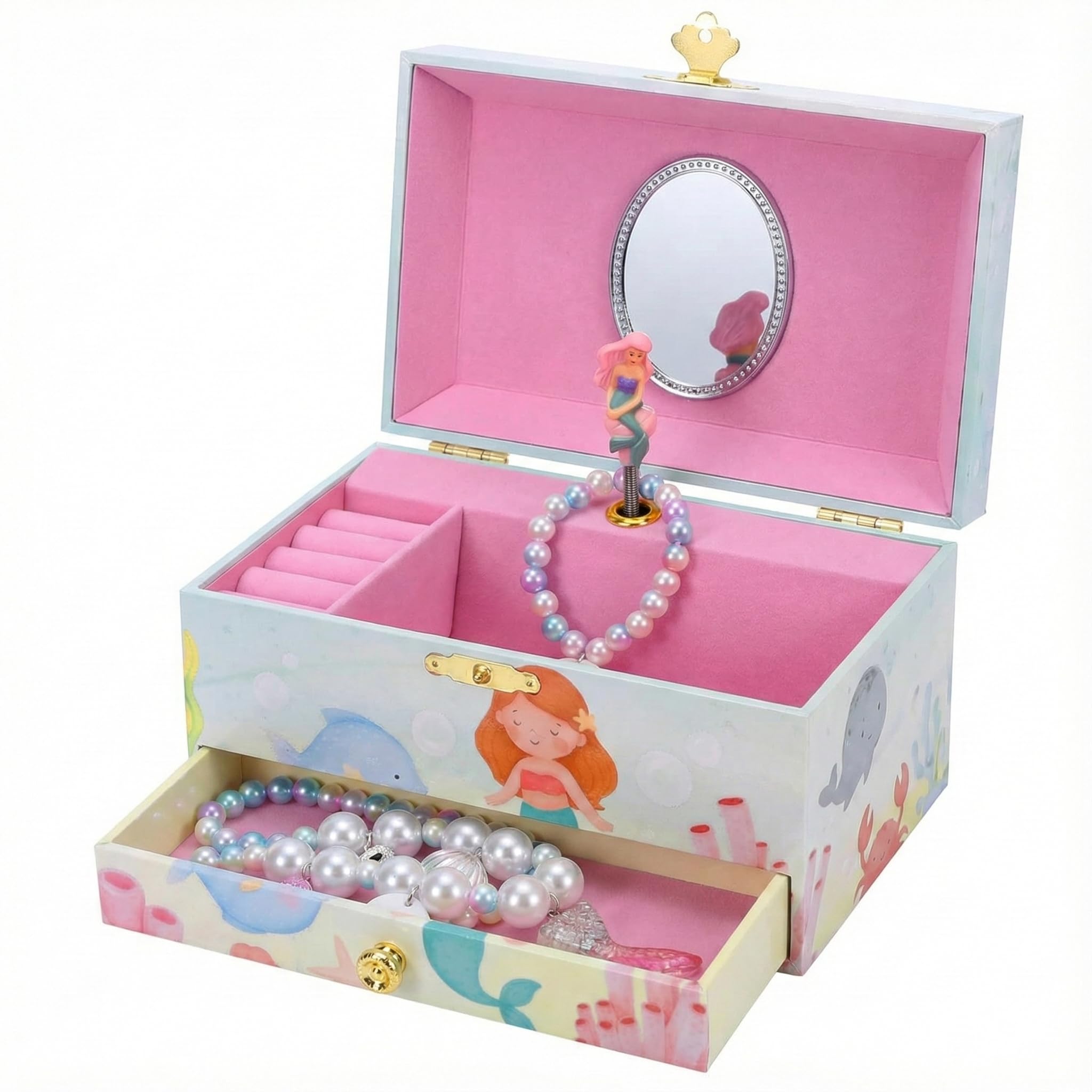 The Memory Building Co Mermaid Musical Jewelry Box Plays Classic Melody, Storage Organizer Music Box for Kids Ages 6-12, MDF Wood w/ 2 Fabric Lined Ring Bracelet Necklace Treasure Compartments Image