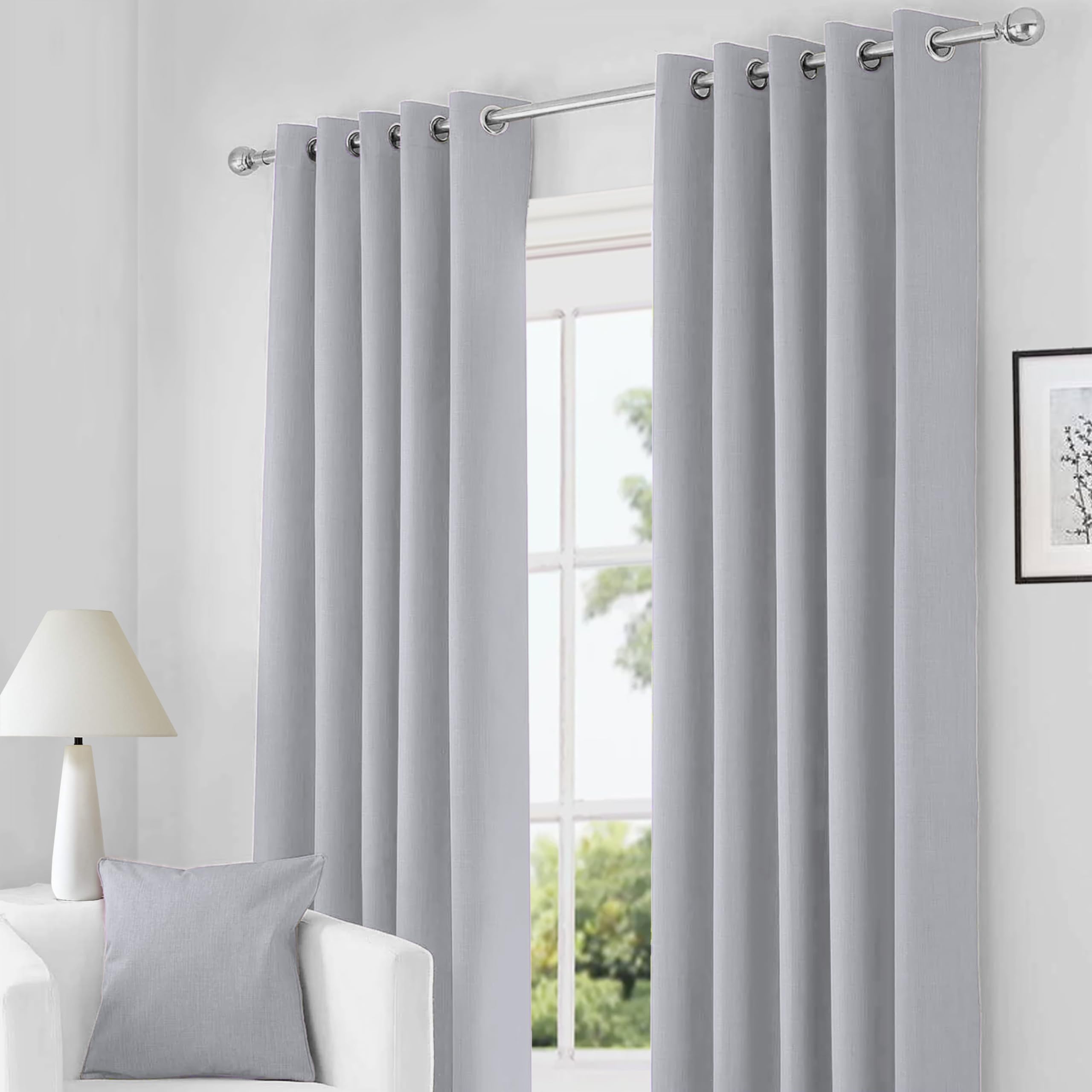 RayyanLinen Readymade Blackout Thermal Eyelet Ring Top Pair of Curtains Including 2 Tiebacks (GREY SILVER, Width 46" x Drop 72")