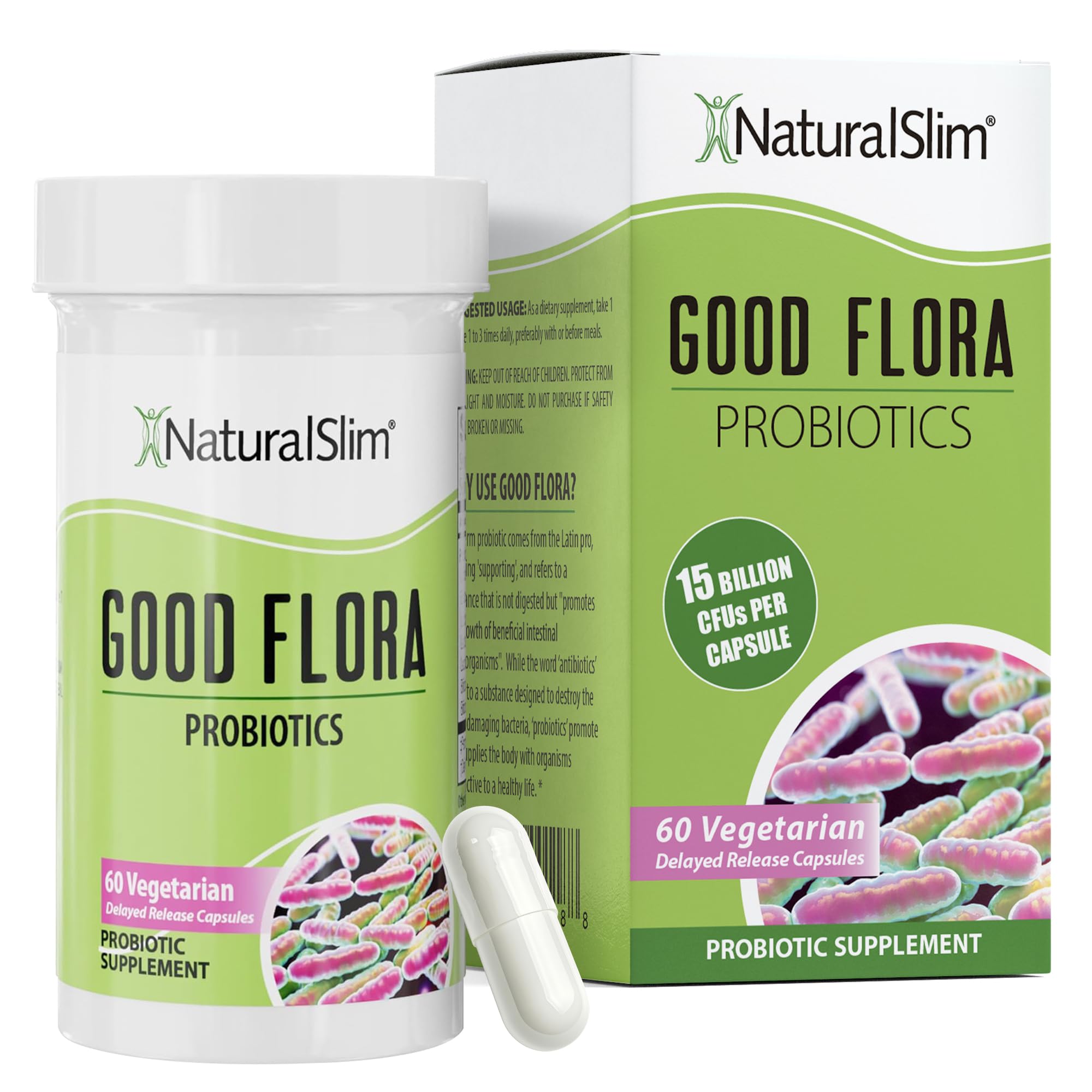 NaturalSlim Good Flora, probióticos para mujeres y hombres - Suplementos para la salud intestinal con 7 cepas potentes para desinflamar y vitalidad - Probióticos para la salud digestiva, 60 cápsulas vegetarianas, solo