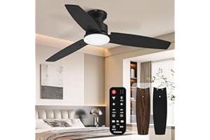 CONCISEER Modern 42 Inch Ceiling Fans with Lights and Remote, Bedroom Living Room Office, Flush Mount, 18W 3CCT Dimmable, Dual Color 3 Blades 6 Speed Reversible Quiet DC Motor, Black/Wood Grain