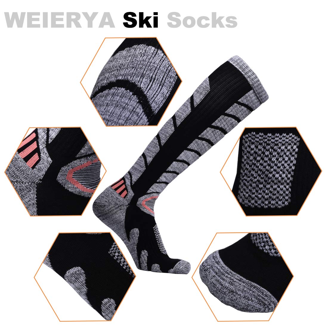 WEIERYA Ski Socks 2 Pairs Pack for Skiing, Snowboarding, Cold Weather