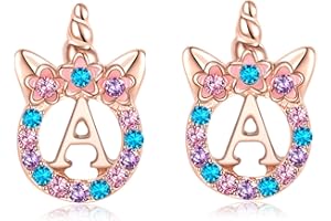 TRWWELL Cute Rose Gold Silver Initial Unicorn Hypoallergenic Stud Earrings Rhinestone Initial Letter Stud Earrings for Girls Unicorns Jewelry Gifts for Kids Toddler