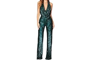 GORIFE Lady's Shiny Cowl Neck Overalls Lightweight Wide Leg Romper Overalls Sexy Metallic Strapless Sequin Pants