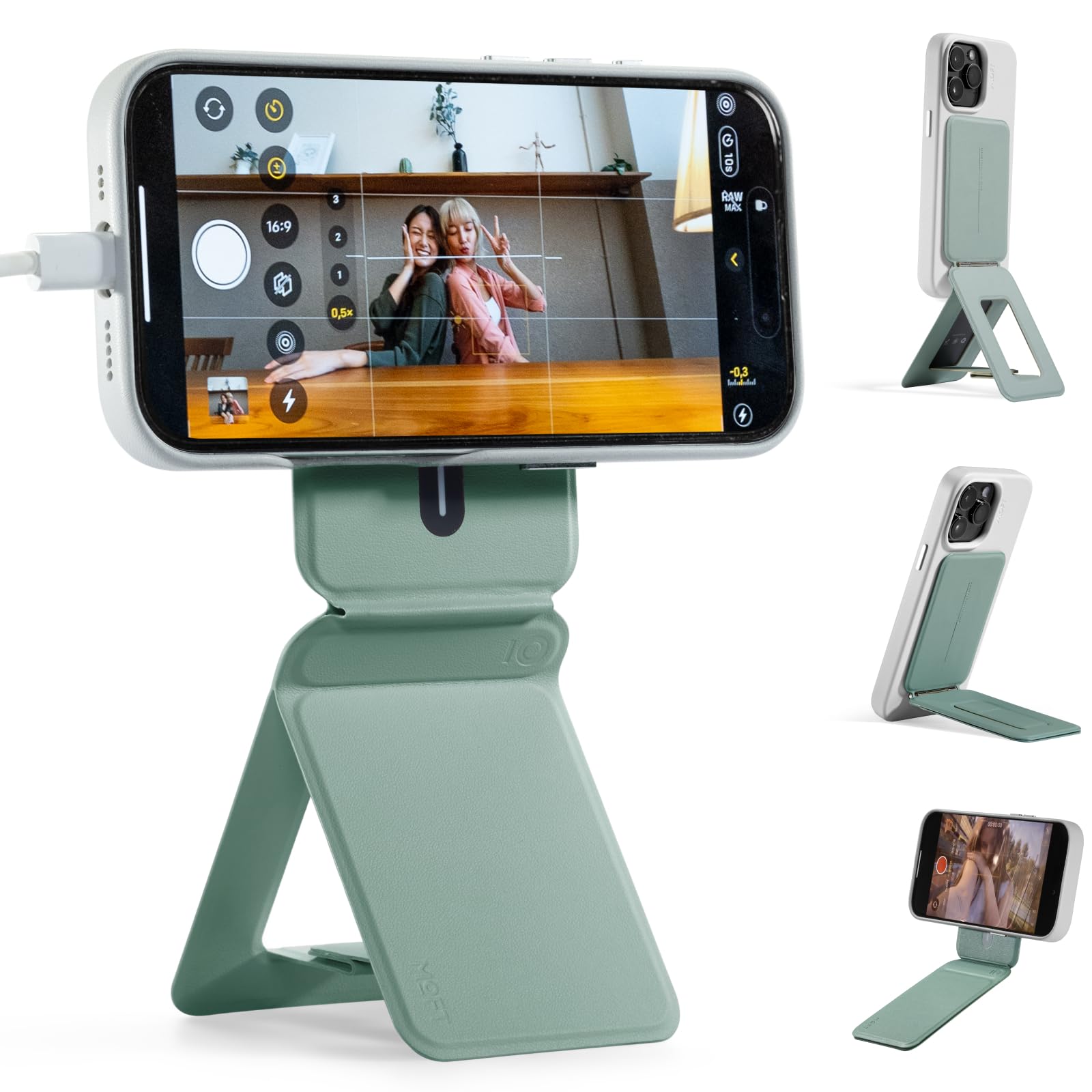 MOFT Phone Tripod Stand Selfie Stick for iPhone, Multi-Angles iPhone Stand, Lightweight & Portable Phone Holder, Strong Magnets, MOVAS Vegan Leather, Travel Essentials, Seafoam (Without Card Slot)