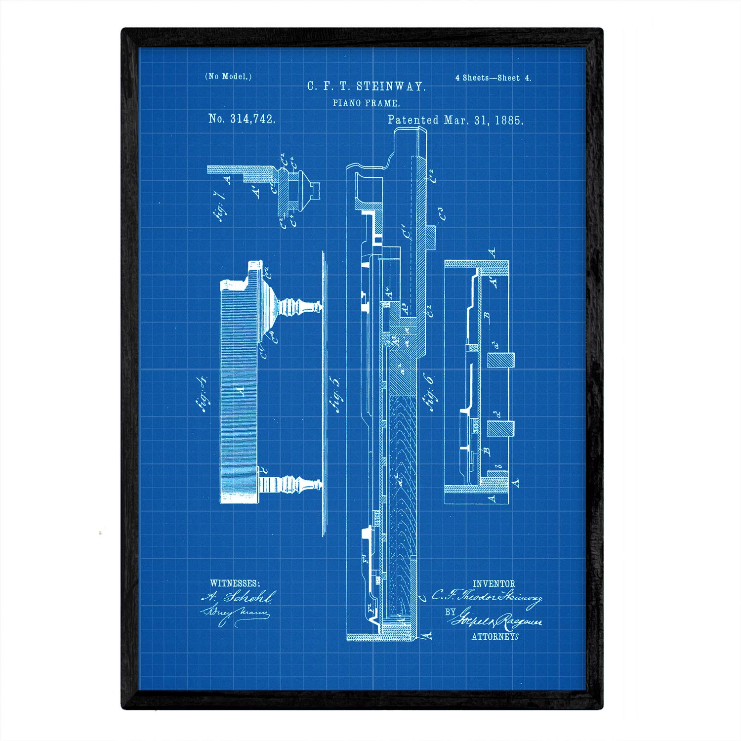 Nacnic Poster patent Piano 3. Foil with old design patent in A3 size with blue background — image 1