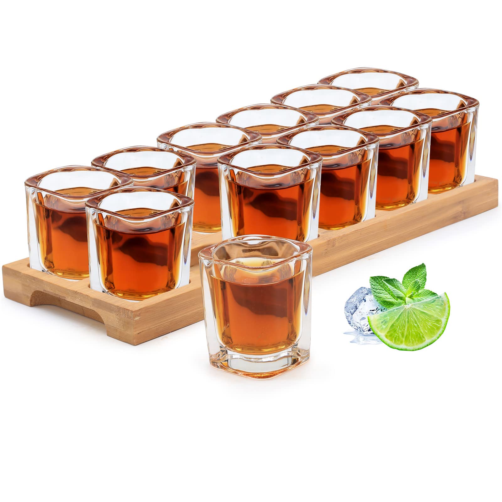 SuproBarware Shot Glasses Set of 12 Glass Shot Glasses with Tray 2oz/60ml Bulk Square Crystal Cups 12pcs and Holder Stand Organizer for Liquor Shots Tequila Whisky Brandy Vodka Rum Home Bar