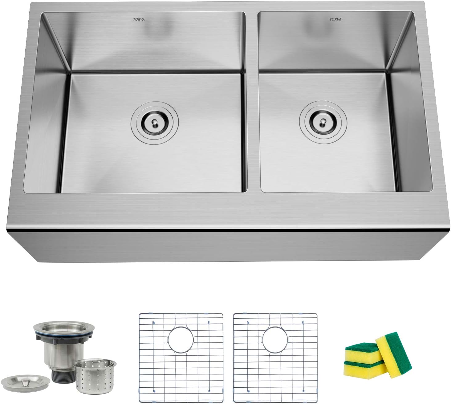 TORVA 33 Inch Farmhouse Kitchen Sink Apron Front 60/40 Double Bowl Flat Front 16 Gauge Stainless Steel
