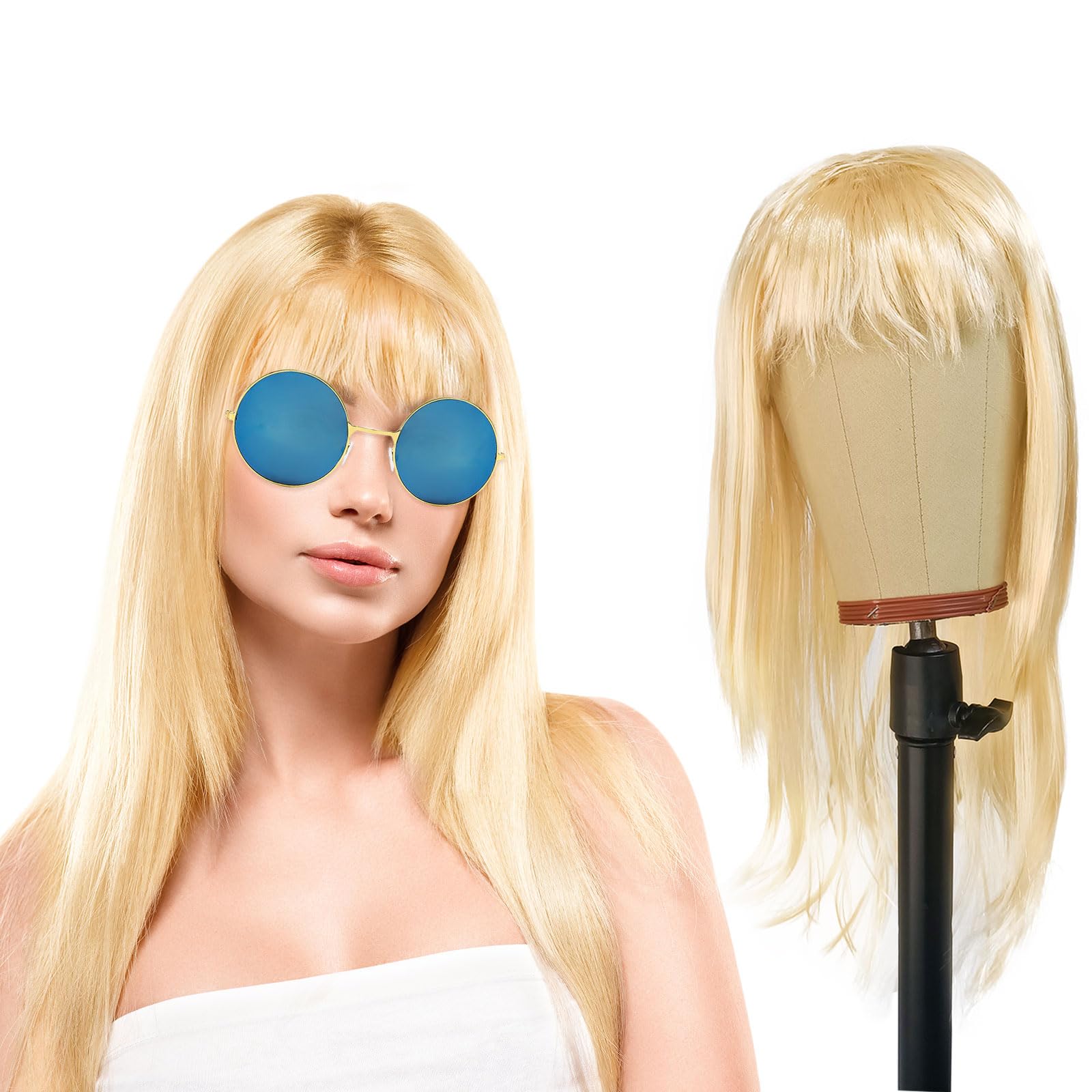 UILYNIU Long Blonde Straight Wigs for Women Girls Blonde Wigs with Sunglasses, Ladies Glamour Wigs with Fringe, Fancy Dress Wig for Adult Cosplay Theme Party Costume Daily Use