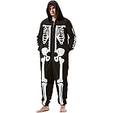 Padama Adult Men's Skeleton Halloween Costume Unisex Skeleton Jumpsuit Plush Pajamas Onesie Cozy One Piece Cosplay for Men